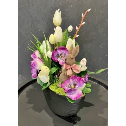 WIOSENNY Stroik kompozycja do domu z zajączkiem BRATKI KROKUSY TULIPANY